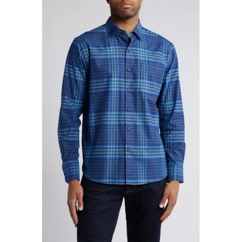 Tommy Bahama Mens Blue Plaid Long Sleeve Button Down Shirt Stretch Performance M